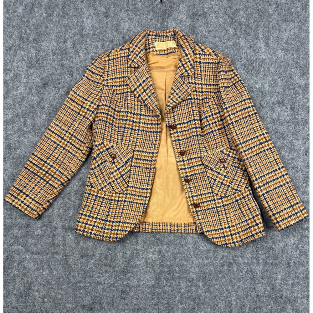 Vintage Pendleton Wool Blazer Jacket Womens 10 Brown Blue Plaid Houndstooth